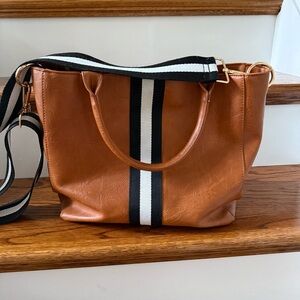 Social Threads x Motherchic Tan Crossbody Bag with Black and White Strap